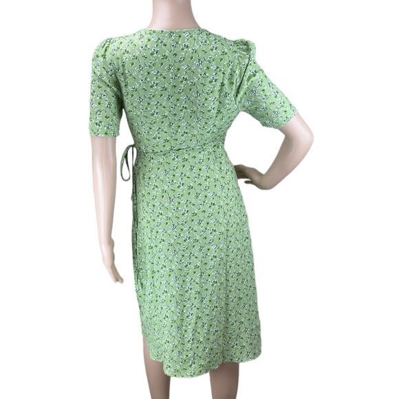 Rouje Green Floral Retro Knee Length Short Sleeve V-Neck Wrap Dress Size S - Picture 6 of 6